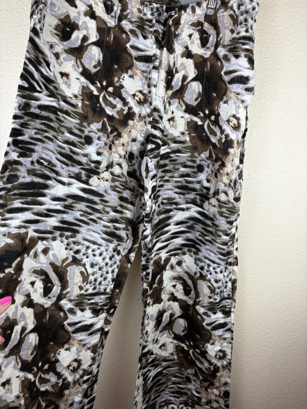 Chico's Linen Blend Leopard Print Wide Leg Pants Drawstring Elastic Waist 3/Lge